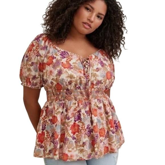 Torrid Floral Puff Sleeve Eyelet Smocked Waist Sweetheart Peasant Boho Top 4X - Picture 1 of 8